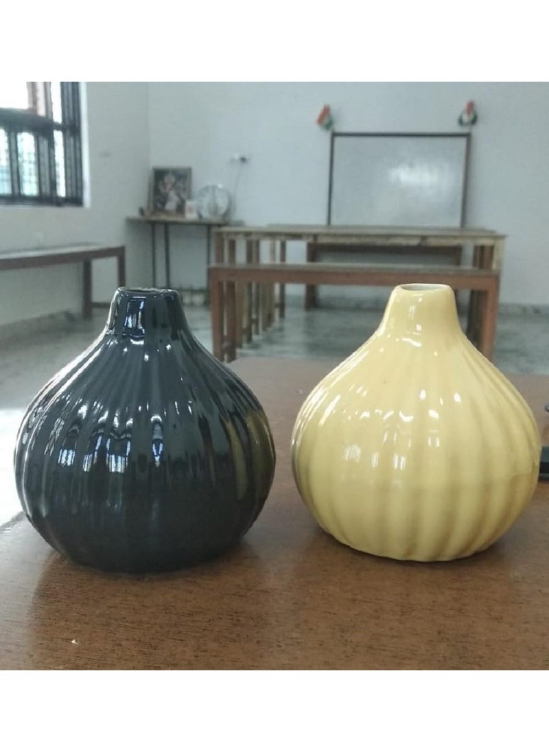 Mkd2 Rise Mkd2 Rise Ceramic Reed Diffuser PotFlower Pot Set of 2 Black Light Yellow Garlic Type for Home Fragrance  - Image 1