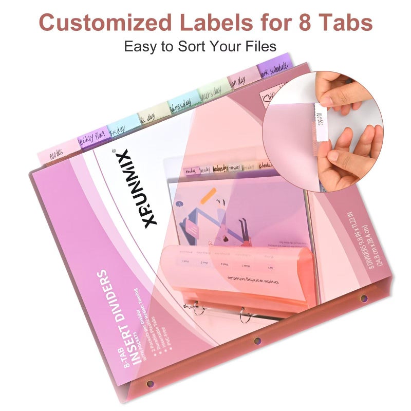 XRUNMIX 48 Counts 8-Tab Binder Dividers, Index Pockets for 3 Ring Binders, 8 Pastel Colors, US Letter Size (6) - Image 4