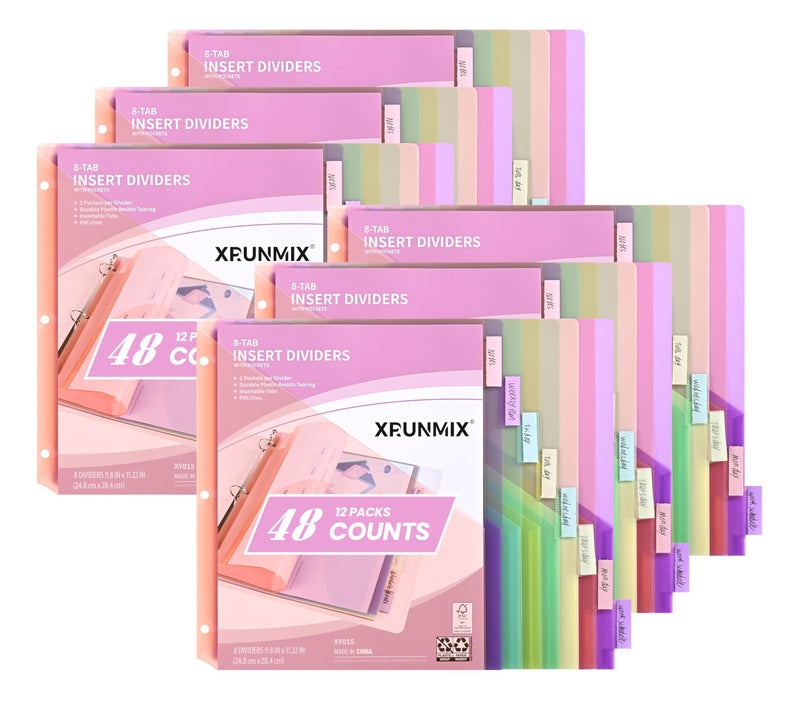 XRUNMIX 48 Counts 8-Tab Binder Dividers, Index Pockets for 3 Ring Binders, 8 Pastel Colors, US Letter Size (6) - Image 1
