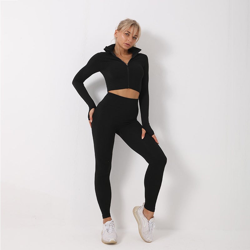 Generic Cross-border Seamless Yoga Suit suit Womens High-end Long-sleeved Three-piece Sportswear Autumn Fitness Clothing Womens Suit Black (trousers) 