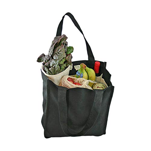 Simple Ecology Organic Cotton Deluxe Reusable Grocery Shopping Bag with Bottle Sleeves and Rigid Bottom Support (UPDATED DESIGN) - Black - Image 1