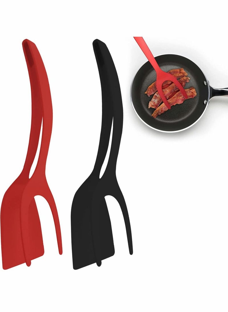 واي آند دي Kitchen Tongs Plastic,Barbecue Long 2 in 1 Non-Stick Non Slip Egg Steak Spatula Heat Resistant Safe Durable Cooking for Food Grip and Flip (Red,Black) Pcs - Image 2