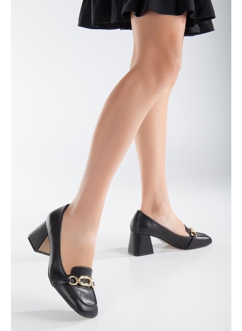 Slices Shoes Large Small Size Blunt Toe Buckle Skin Black Women's Thick Heeled Shoes - Image 2