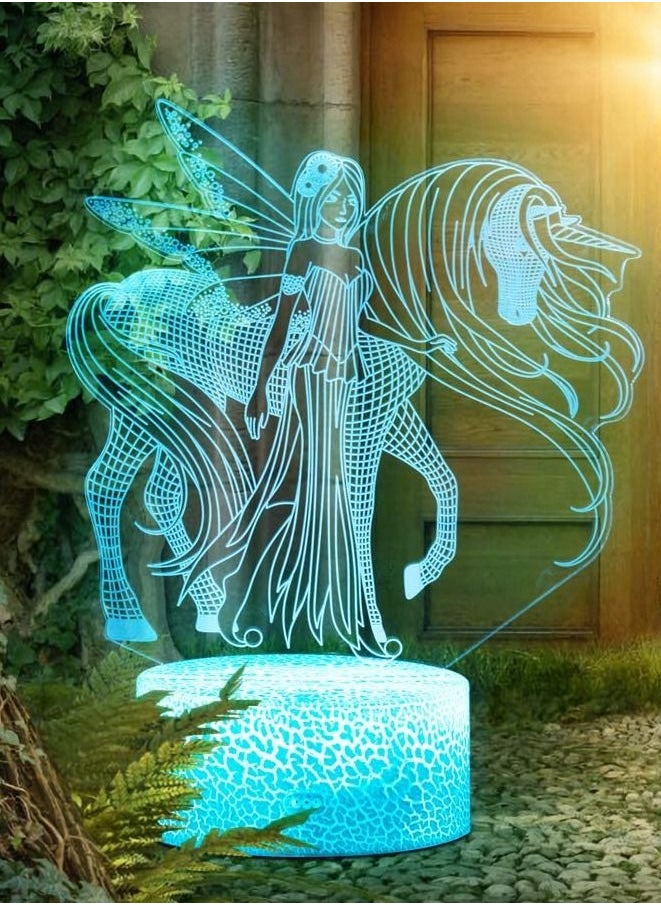 althiqahkey 3D Unicorn and Fairy Night Light Girls Gifts for Kids Decorative LED Bedside Desk Table Lamp 3D Illusion Light New Year Gift  - Image 1