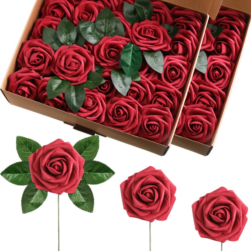 Luinabio 100 Pieces Artificial Foam Rose Flowers Faux Bouquet with Leaves and Stems for DIY Wedding Bouquets Centerpieces Bridal Shower Party Valentine Home DecorationsBurgundy