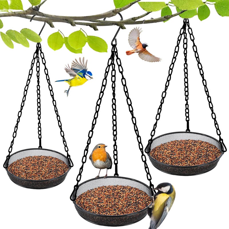 Trieez Hanging Bird Feeder, Birdfeeder Hanging for Garden Yard Outside Hanging Bird Feeder Tray - Metal Mesh Platform Feeders for Birds Outside Outdoors Hanging for Attracting Birds, 3Pcs - Image 1
