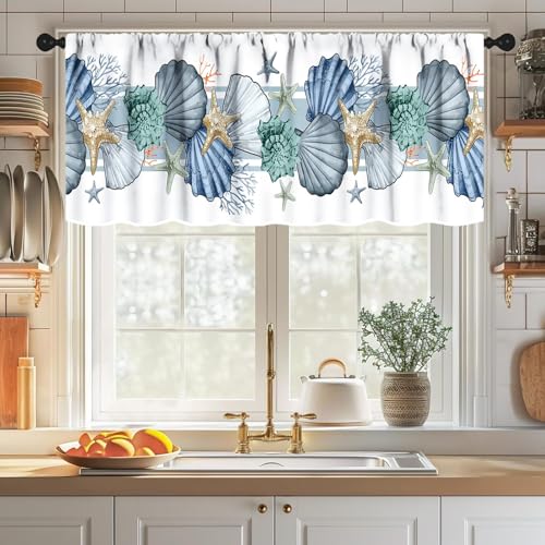 Lnepty Nautical Window Valance,Summer Ocean Coral Shell Conch Starfish White Valance Curtains Treatment for Kitchen Living Room Bedroom Bathroom 1 Piece,54x18 Inch - Image 3