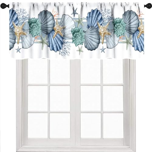 Lnepty Nautical Window Valance,Summer Ocean Coral Shell Conch Starfish White Valance Curtains Treatment for Kitchen Living Room Bedroom Bathroom 1 Piece,54x18 Inch - Image 1