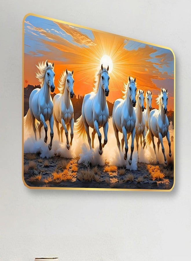 Arkasto 7 Running Horses MDF Wall Art 12x18 Inch | Golden Border Vastu Painting for Home & Office Décor | Modern Elegant Wall Hanging Frame for Living Room, Bedroom (Design 3) - Image 1