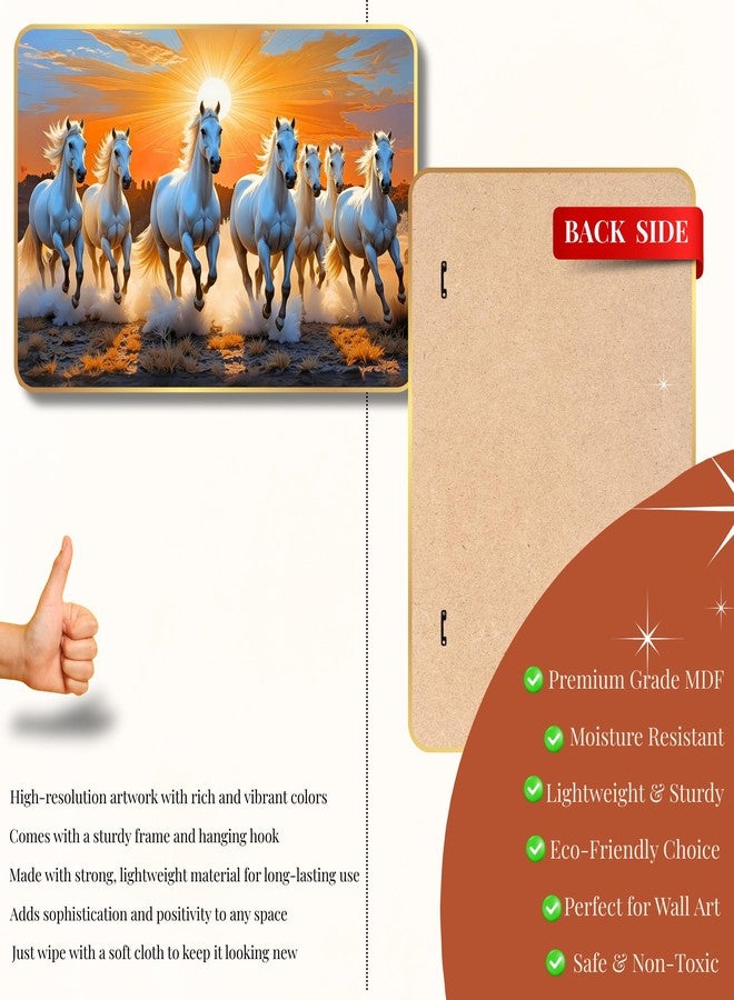 Arkasto 7 Running Horses MDF Wall Art 12x18 Inch | Golden Border Vastu Painting for Home & Office Décor | Modern Elegant Wall Hanging Frame for Living Room, Bedroom (Design 3) - Image 3