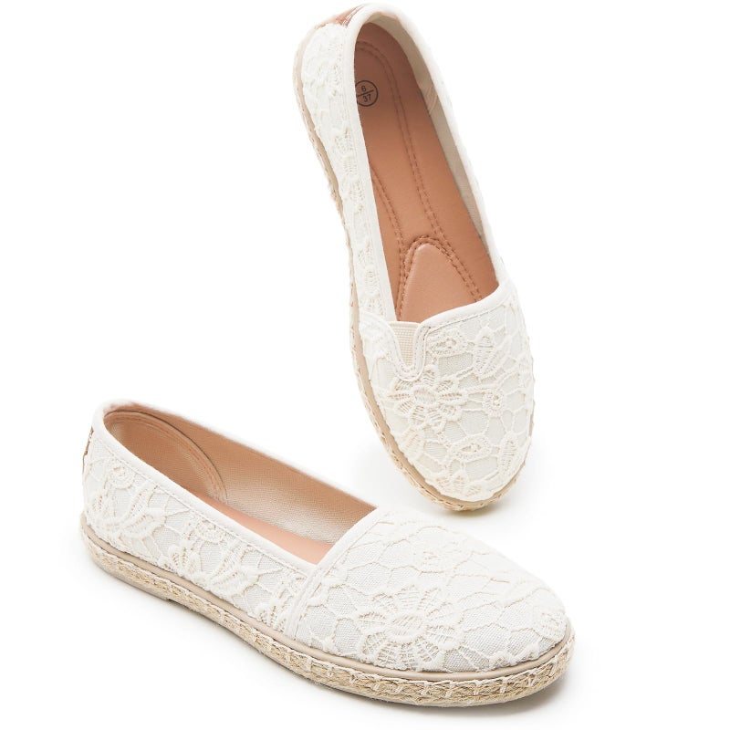 BABUDOG Women's Flats with Flower Embroideried,White Lace Ballet Flats,Comfortable Dress Flats(Nude.US10) - Image 1