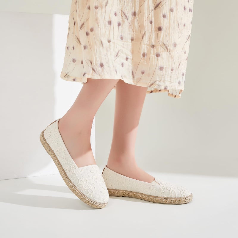 BABUDOG Women's Flats with Flower Embroideried,White Lace Ballet Flats,Comfortable Dress Flats(Nude.US10) - Image 3