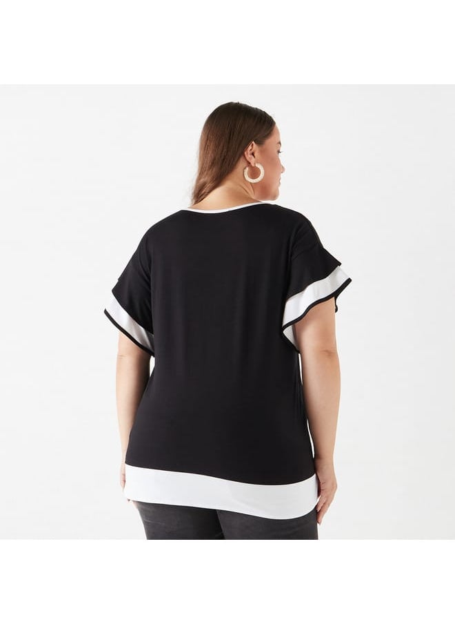Ulla Popken Plus Size Ulla Popken Colourblock Top with Ruffle Detail  - Image 3