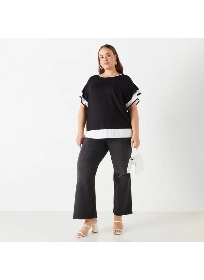 Ulla Popken Plus Size Ulla Popken Colourblock Top with Ruffle Detail