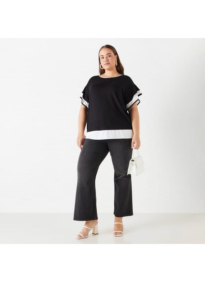 Ulla Popken Plus Size Ulla Popken Colourblock Top with Ruffle Detail  - Image 2