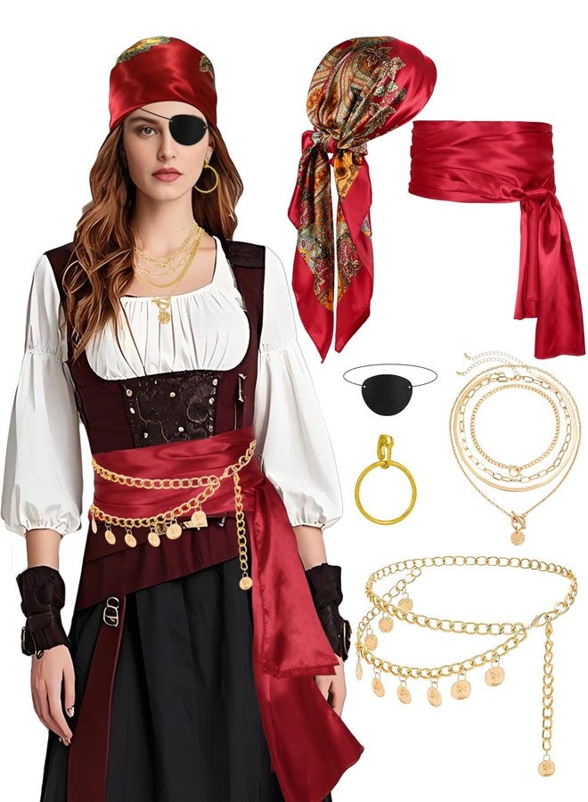 Cosrea Pirate Accessories for Women Captain Pirate Costume Women with Head Scarf Sash Chain Belt Necklace Eye Patch Party Outfit - Image 1