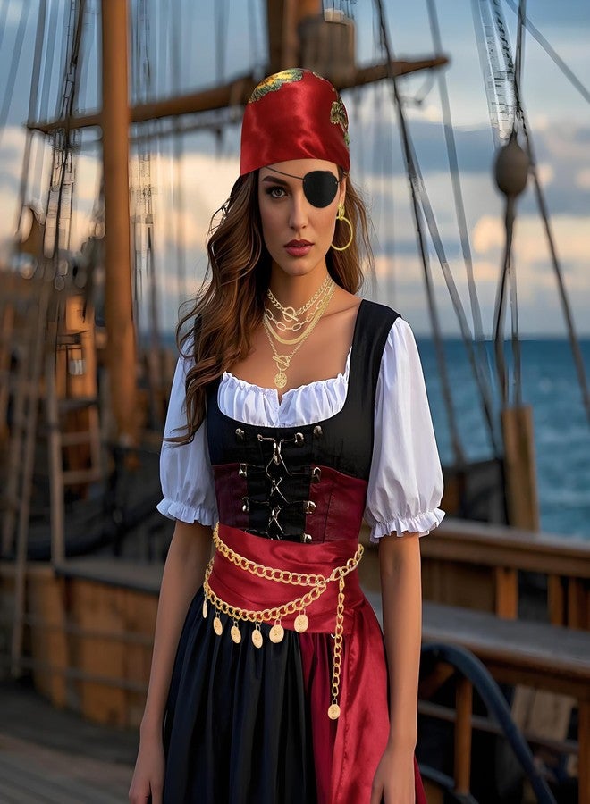Cosrea Pirate Accessories for Women Captain Pirate Costume Women with Head Scarf Sash Chain Belt Necklace Eye Patch Party Outfit - Image 2