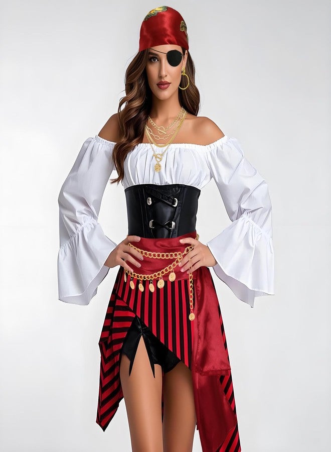 Cosrea Pirate Accessories for Women Captain Pirate Costume Women with Head Scarf Sash Chain Belt Necklace Eye Patch Party Outfit - Image 5