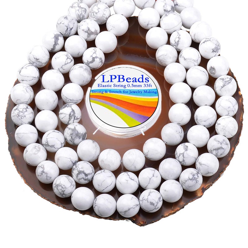 LPBeads 80Pcs Polished 10mm Round Natural Howlite Gemstone Loose Beads with Stretch Cord for Jewelry Making Bracelets