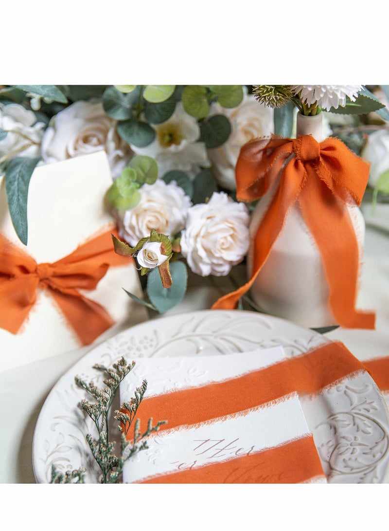 Excefore شريط شيفون مهدب مصنوع يدويًا، 3 لفات 4 سم × 5 ياردة (4.5 م) مجموعة شرائط برتقالية تشبه الحرير لدعوات الزفاف، وباقات الزفاف، وتغليف الهدايا، والحرف اليدوية اليدوية - Image 3