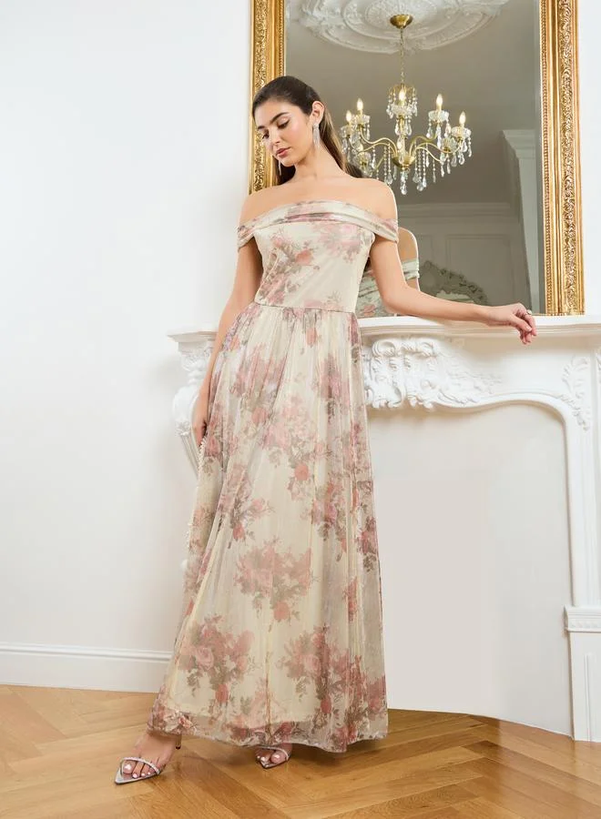Styli Women Beige Ditsy Print Off Shoulder Maxi Dress