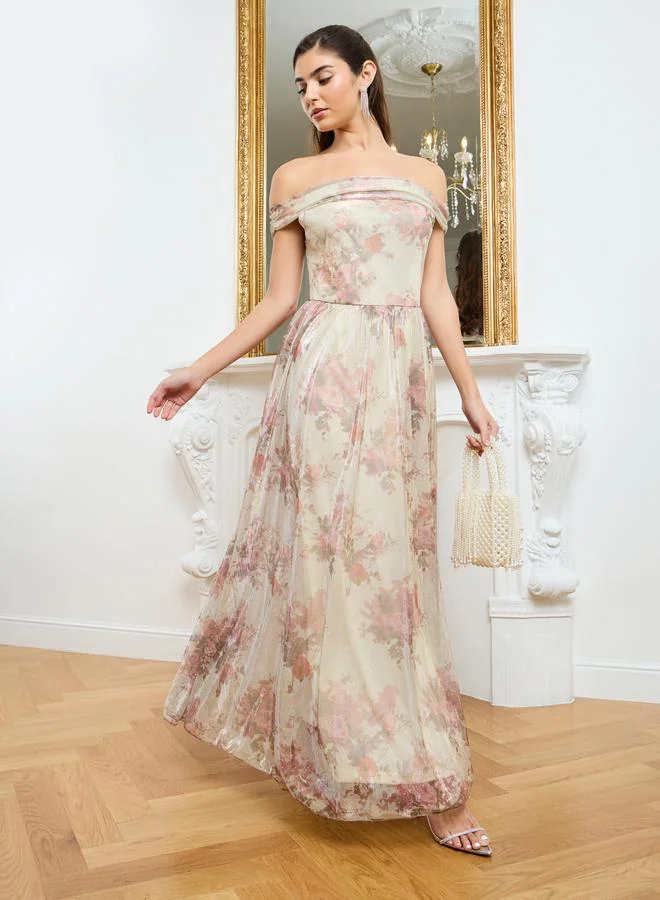 ستايلي فستان طويل نسائي مكشوف الأكتاف بنقشة زهور صغيرة