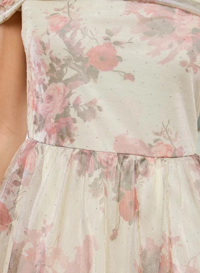 Styli Women Beige Ditsy Print Off Shoulder Maxi Dress