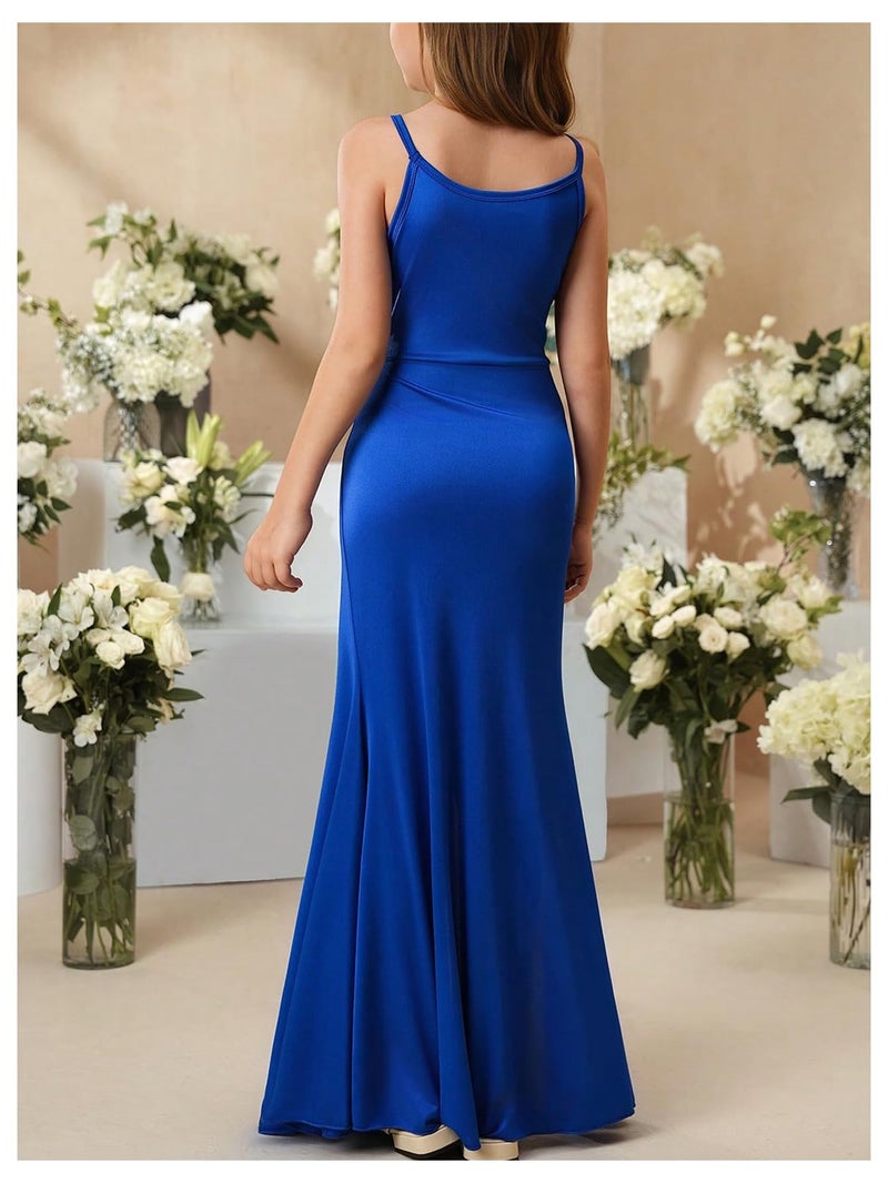 SHENHE Girl's Satin Spaghetti Strap Junior Bridesmaid Flower Girl Dress Fishtail Maxi Slit Dress Royal Blue 11Y - Image 2
