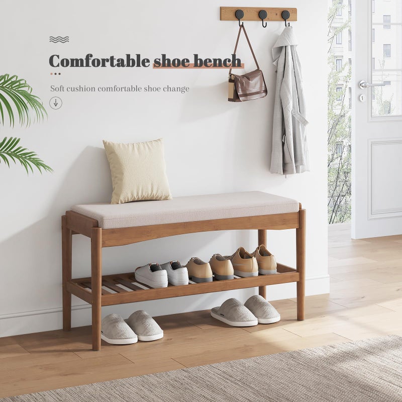 STDDRE Shoe Bench Entryway Bamboo 2-Tier Shoe Rack with Cushion Padded Seat Shoe Bench Organizer Stable for Entry, Hallway, Living Room, Bedroom, Closet (31.5 * 11.4 * 16.5IN, Brown-Beige) - Image 3