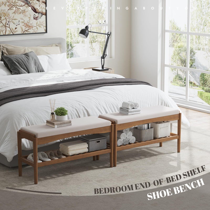 STDDRE Shoe Bench Entryway Bamboo 2-Tier Shoe Rack with Cushion Padded Seat Shoe Bench Organizer Stable for Entry, Hallway, Living Room, Bedroom, Closet (31.5 * 11.4 * 16.5IN, Brown-Beige) - Image 4