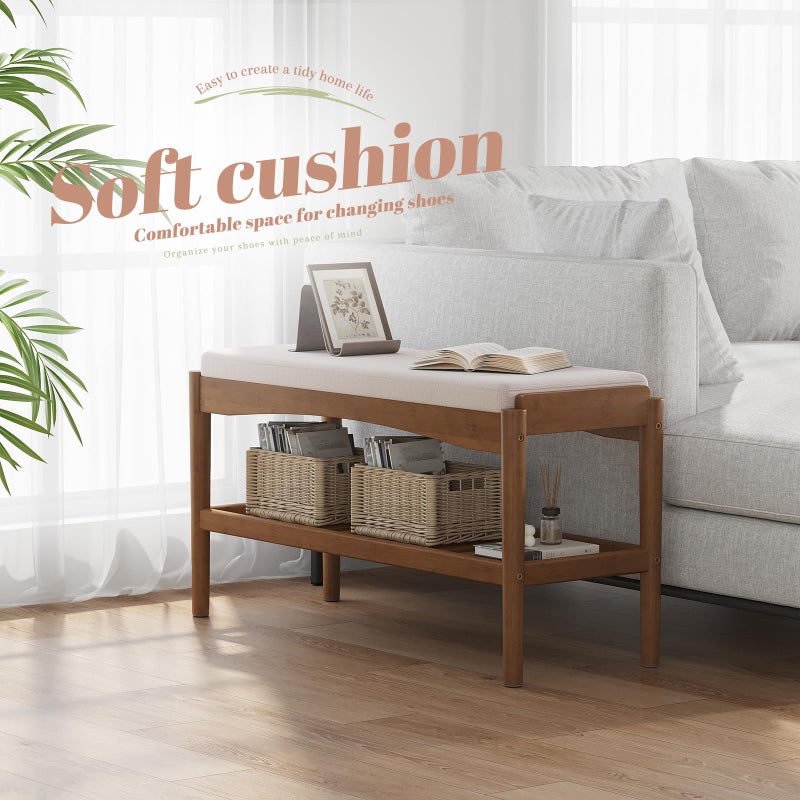 STDDRE Shoe Bench Entryway Bamboo 2-Tier Shoe Rack with Cushion Padded Seat Shoe Bench Organizer Stable for Entry, Hallway, Living Room, Bedroom, Closet (31.5 * 11.4 * 16.5IN, Brown-Beige) - Image 2