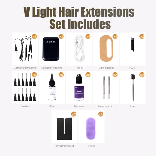 Prosa V light hair extensions kit, Professional Hair Extensions Installation Kit, V light machine*1 V light hair removal tool*1 v light hair extensions glue*6, glue remover *6. (black machine set) - Image 2