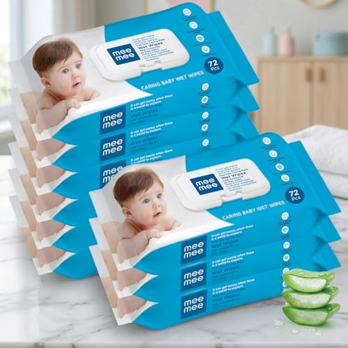 Mee Mee Wet Wipes for Baby Skin with Aloe Vera | Prevents Rashes | Paraben-Free, Fragrance-Free, pH-Balanced, Hypoallergenic | 72 Wipes per Pack with Lid (Pack of 9) - Image 1