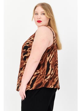 Bar III Women Plus Size Scoop Neck Sleeveless Animal Print Top, Brown Combo  - Image 2