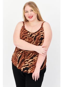 Bar III Women Plus Size Scoop Neck Sleeveless Animal Print Top, Brown Combo  - Image 1