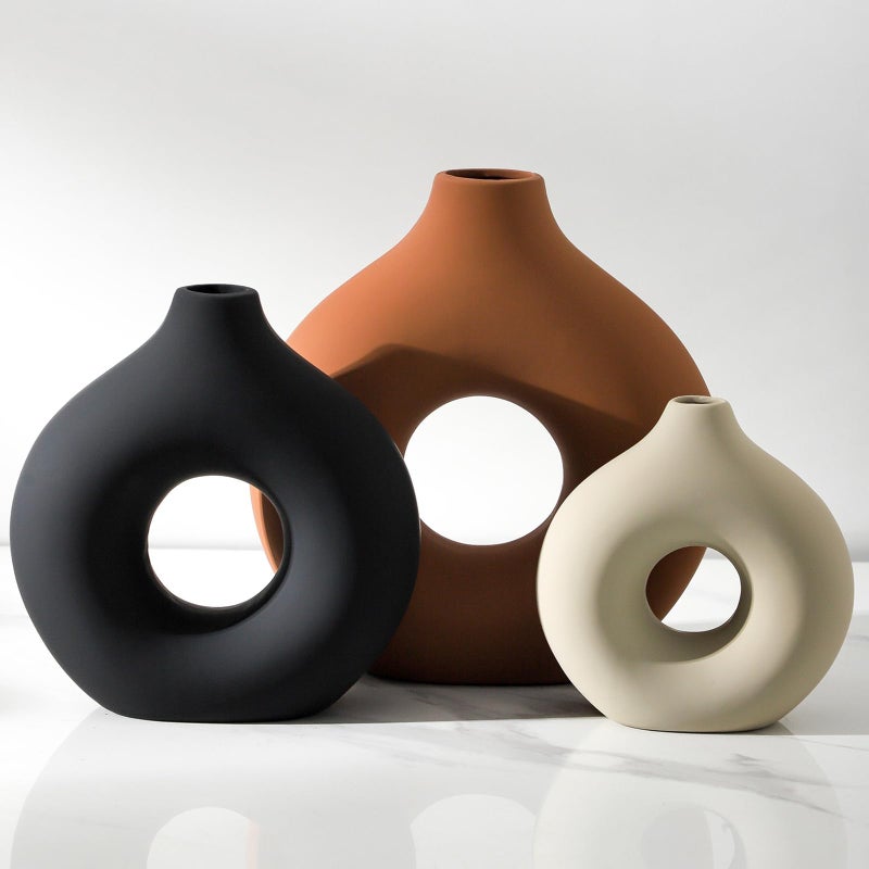 Vanselia Ceramic Vase Home Table Decor - Flower Vases Set of 3 Small Living Room Centerpiece Decorations for Shelf Bedroom Office Kitchen Dining Gifts Modern Aesthetic Farmhouse Decorative (Rust) - Image 1