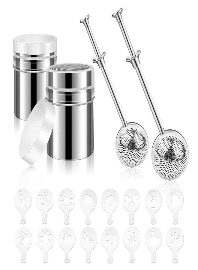 PROKITCHEN 20pcs Powder Sugar Shaker Flour Duster Set Stainless Steel Powder Shaker Dust Flour Sifter with Spring-operated handle Bonus 16pcs Printing Molds Stencils for Coffee Cappuccino Latte - Image 1