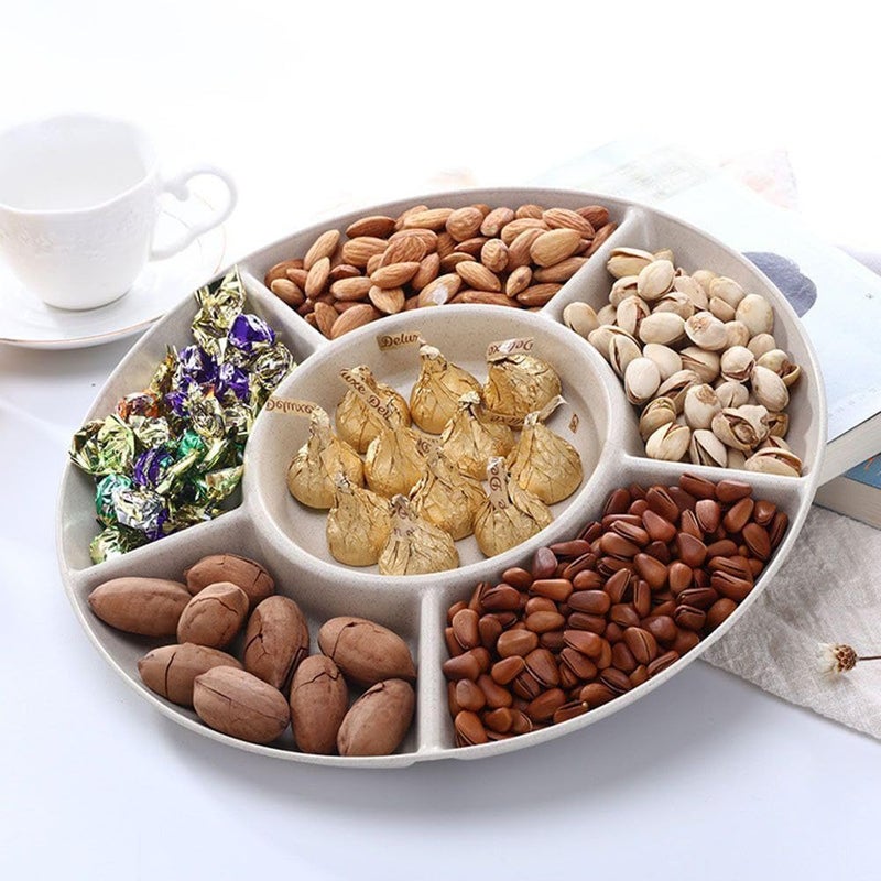 Generic Porcelain Kings Divided Serving Platter, White Porcelain, 30 cm, 7 Compartments, Round Appetizer Tray for Nuts, Candies, Snacks .lem