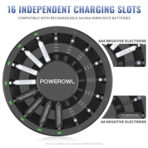 POWEROWL 16 Bay AA AAA Battery Charger (Updated, High Speed Charging) with Smart LED Light and Plug, for NIMH NICD Rechargeable Batteries and More - Image 2