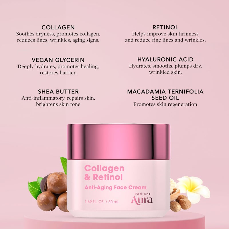 Radiant Aura Collagen & Retinol Face Cream â€“ Dermatologist Tested, Anti Aging, Korean Skin Care â€“ Firming, Anti Wrinkle, Hydrating Moisturizer, Pore Care â€“ Vegan, Clean Beauty â€“ 1.69 Fl Oz - Image 4
