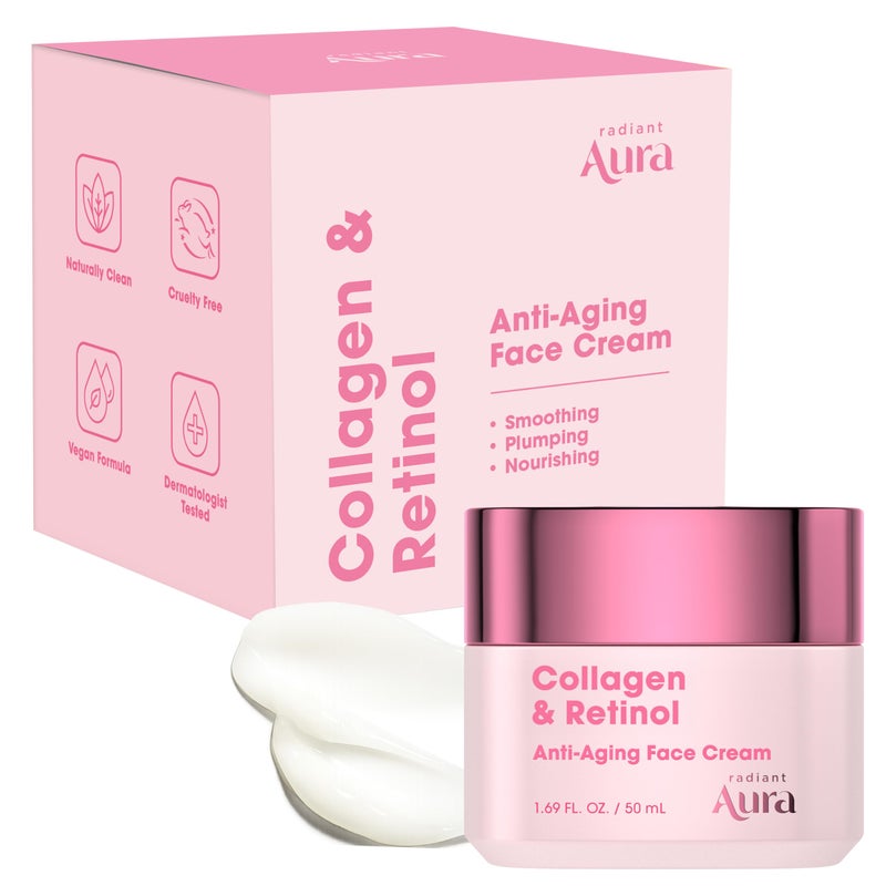 Radiant Aura Collagen & Retinol Face Cream â€“ Dermatologist Tested, Anti Aging, Korean Skin Care â€“ Firming, Anti Wrinkle, Hydrating Moisturizer, Pore Care â€“ Vegan, Clean Beauty â€“ 1.69 Fl Oz - Image 1
