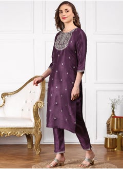 ISHIN Straight Fit Embroidered Pattern Round Neck Three-Quarter Sleeves PURPLE Colour Woven Cotton Kurta Set for Women with Semi Elastic Closure - Elevate Your Fashion Game  - Image 5
