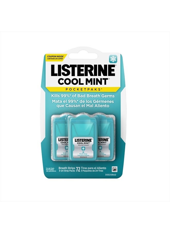 Listerine Cool Mint Pocketpaks Breath Strips Kills Bad Breath Germs, 24-Strip Pack, 3 Pack  - Image 1