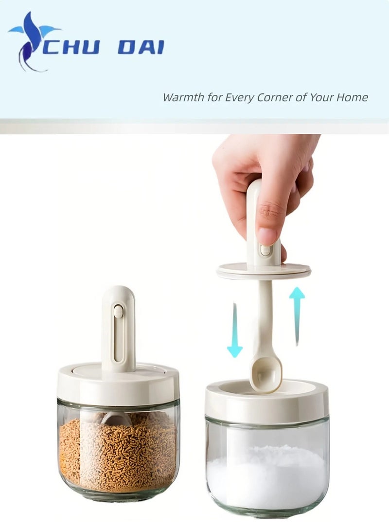 CHU DAI 2 Pack Glass Seasoning Jars with Retractable Spoon Lid, 9oz Empty Spice Jars, Airtight Sugar Holder, Clear Condiment Salt Pepper Containers, Coffee Bar Accessories, Kitchen Countertop Canisters  - Image 1
