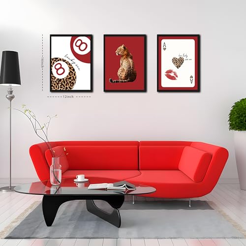 Tmvosn Framed Trendy Leopard Wall Art Set of 3, Red Funky Preppy Cheetah Wall Decor Paintings, Lucky 8 Aesthetic Room Decor Prints Pictures for Girls Bedroom Apartment Dorm 12x16 Inch Black Frame - Image 3