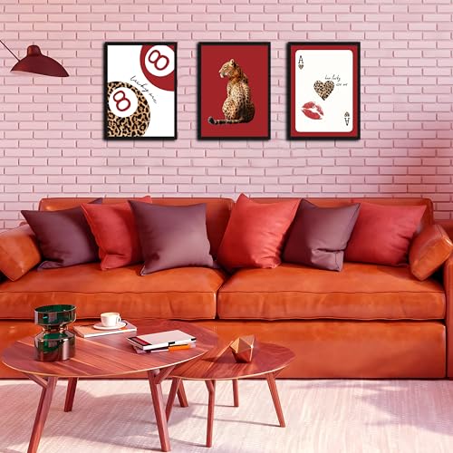 Tmvosn Framed Trendy Leopard Wall Art Set of 3, Red Funky Preppy Cheetah Wall Decor Paintings, Lucky 8 Aesthetic Room Decor Prints Pictures for Girls Bedroom Apartment Dorm 12x16 Inch Black Frame - Image 2