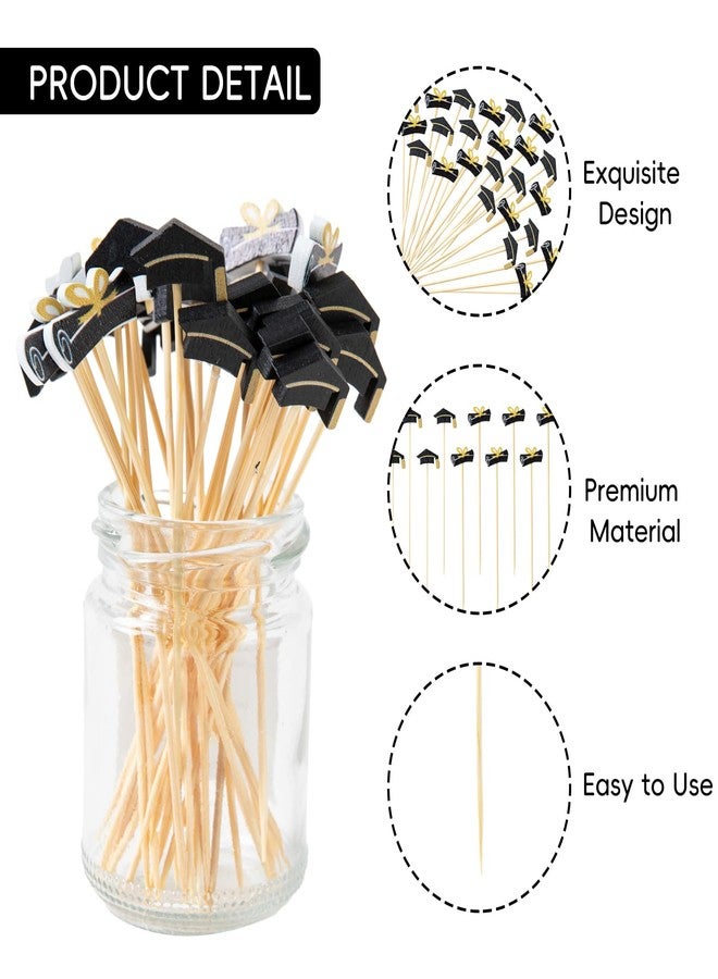 ١٠٠ قطعة من أعواد كوكتيل التخرج، أعواد أسنان من الخيزران بغطاء أسود وذهبي للتخرج، أعواد كوكتيل للمقبلات والفواكه والمشروبات والكعك، لتزيين حفلات التخرج، ٤.٧ بوصة - Image 2