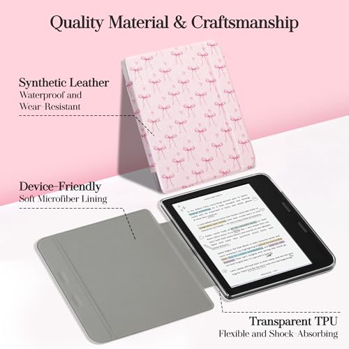 Vane Oak Magnetic Detachable Case for 7" Kobo Libra Colour (2024) / Kobo Libra 2 (2021), Slim PU Leather Case and Ultra Clear TPU Back Cover with Auto Wake/Sleep, Pink Bow Tie - Image 4
