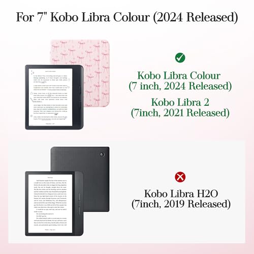 Vane Oak Magnetic Detachable Case for 7" Kobo Libra Colour (2024) / Kobo Libra 2 (2021), Slim PU Leather Case and Ultra Clear TPU Back Cover with Auto Wake/Sleep, Pink Bow Tie - Image 2