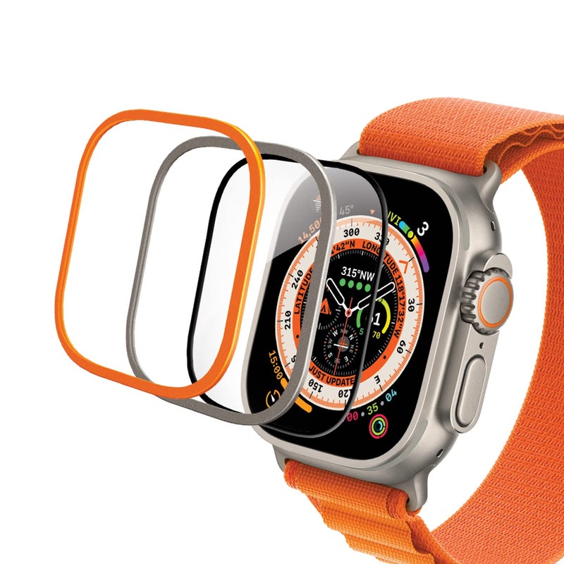 Moxedo Apple Watch Ultra 49mm 3-in-1 Ultimate Protection Pack: Stainless Steel Frame + 9H Tempered Glass Screen Protector + Auto Alignment Tool - Image 1